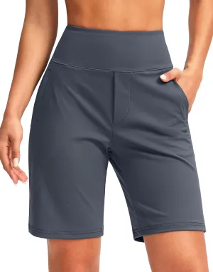 SANTINY Women's 9" High Waisted Bermuda Shorts with 4 Pockets Knee Length Long Shorts for Women Workout Athletic Casual