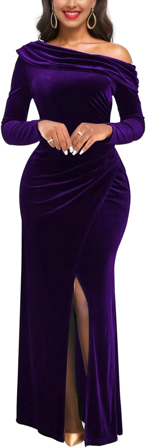 Sexy One Shoulder Gowns for Women Elegant Long Sleeve Velvet High Split Mermaid Dresses Formal Ruched Evening Party Dress