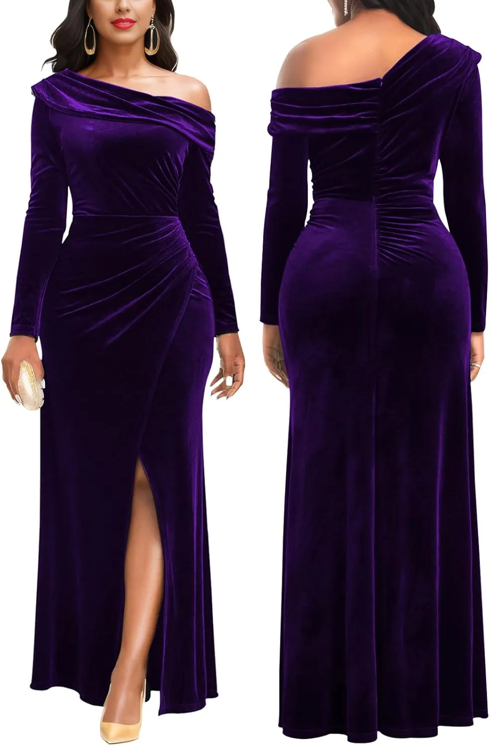 Sexy One Shoulder Gowns for Women Elegant Long Sleeve Velvet High Split Mermaid Dresses Formal Ruched Evening Party Dress