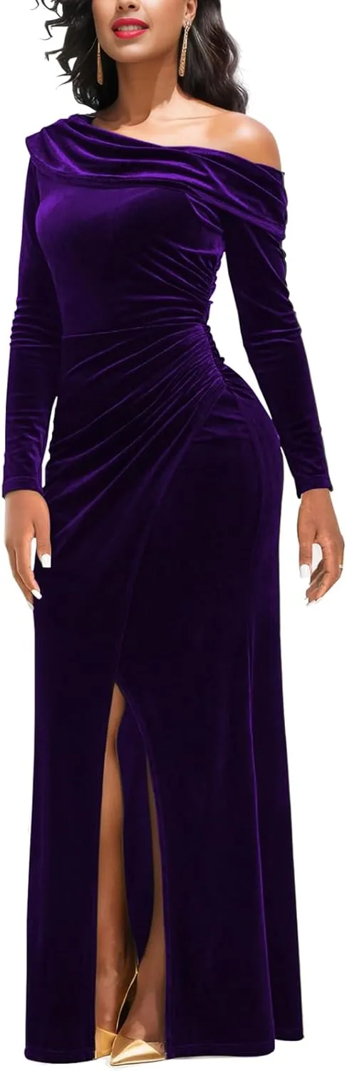 Sexy One Shoulder Gowns for Women Elegant Long Sleeve Velvet High Split Mermaid Dresses Formal Ruched Evening Party Dress