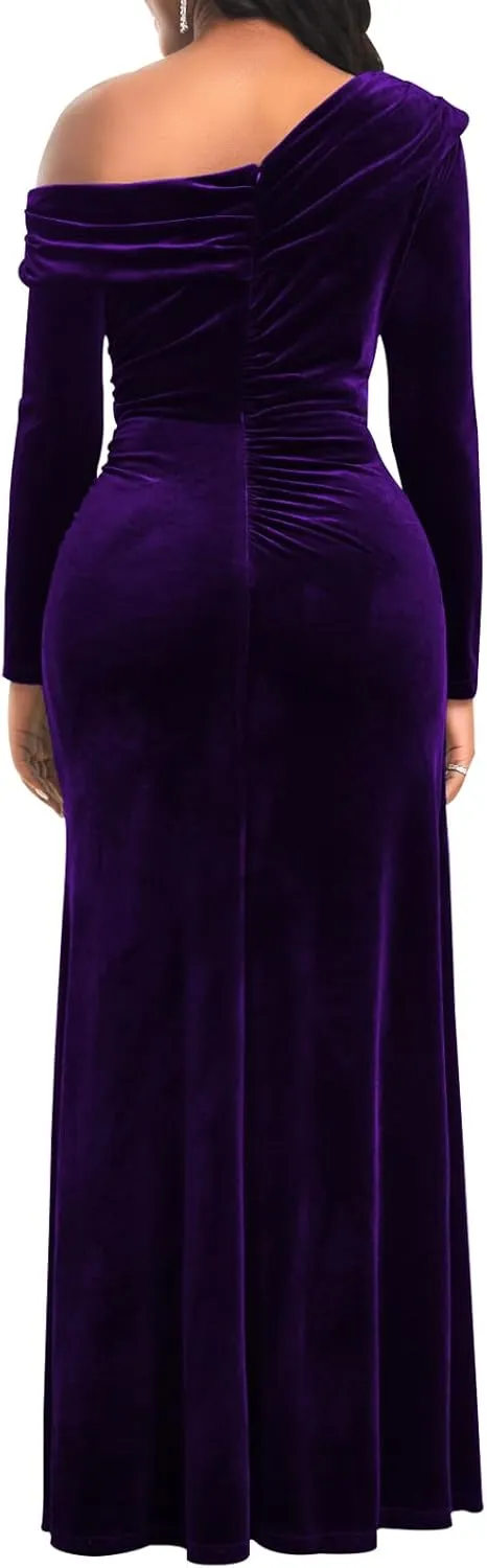 Sexy One Shoulder Gowns for Women Elegant Long Sleeve Velvet High Split Mermaid Dresses Formal Ruched Evening Party Dress