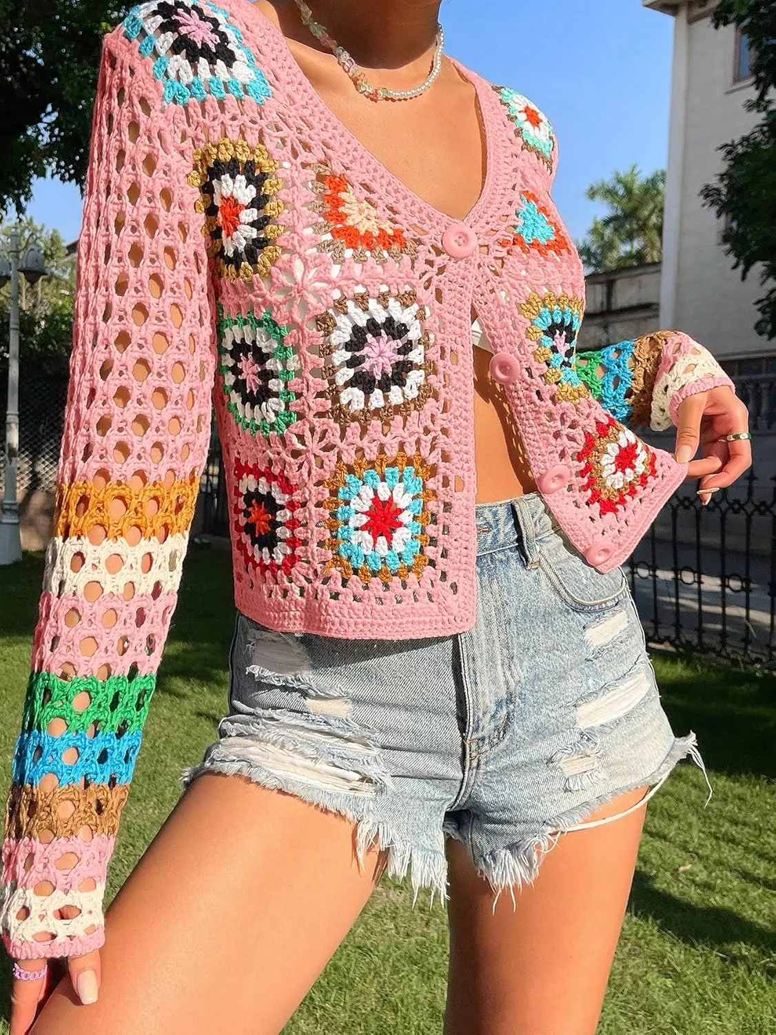 SHENHE Women's Floral Crochet Cardigan Hollow Out V Neck Button Down Long Sleeve Cropped Sweater