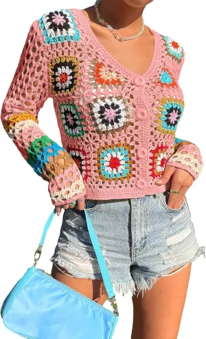 SHENHE Women's Floral Crochet Cardigan Hollow Out V Neck Button Down Long Sleeve Cropped Sweater