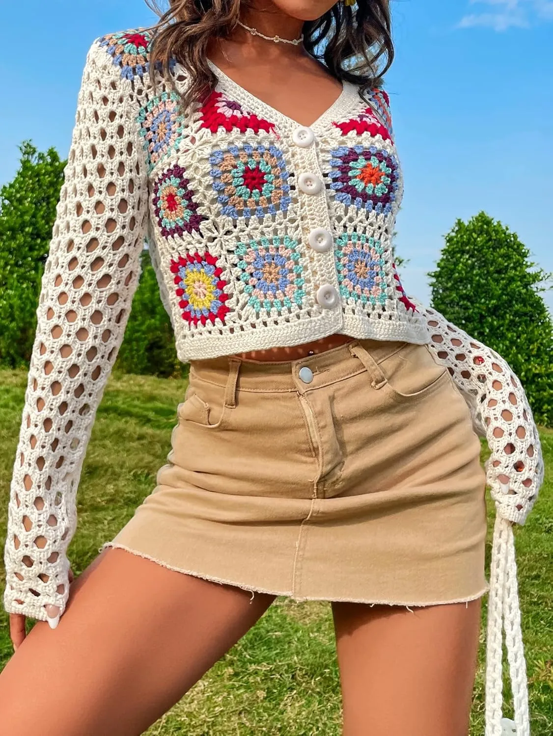 SHENHE Women's Floral Crochet Cardigan Hollow Out V Neck Button Down Long Sleeve Cropped Sweater