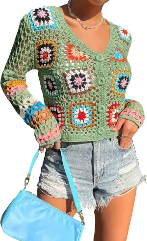 SHENHE Women's Floral Crochet Cardigan Hollow Out V Neck Button Down Long Sleeve Cropped Sweater