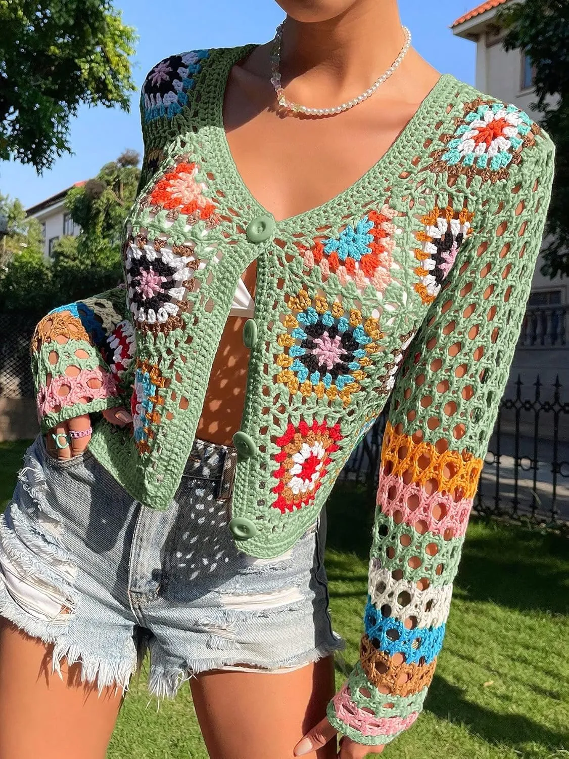 SHENHE Women's Floral Crochet Cardigan Hollow Out V Neck Button Down Long Sleeve Cropped Sweater