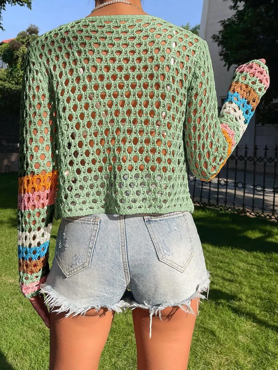 SHENHE Women's Floral Crochet Cardigan Hollow Out V Neck Button Down Long Sleeve Cropped Sweater