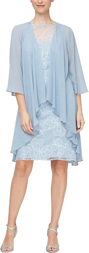 S.L. Fashions Women's Chiffon Tier Jacket Dress with Beaded Neck and Cuffs