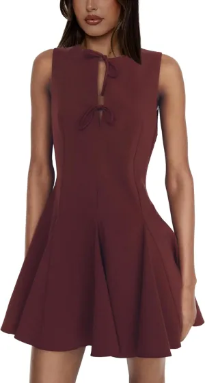 Sleeveless A Line Mini Dress for Women Summer Tie Front Club Party Bow Short Dresses