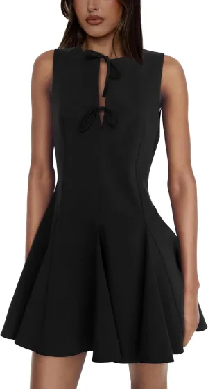 Sleeveless A Line Mini Dress for Women Summer Tie Front Club Party Bow Short Dresses