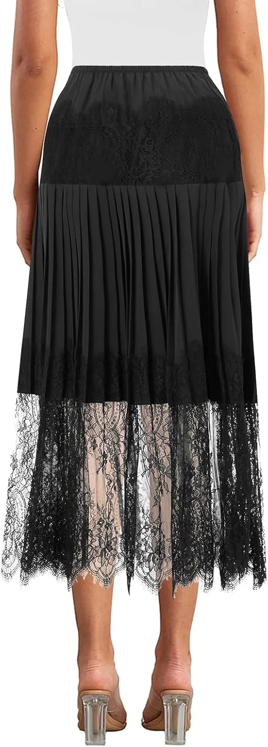 SOLILOQUY Women Y2k Lace Midi Skirts Fairy Lace Half Slip Skirt Pleated Ruffle Floral Lace Tiered Maxi Long Skirt Underskirt
