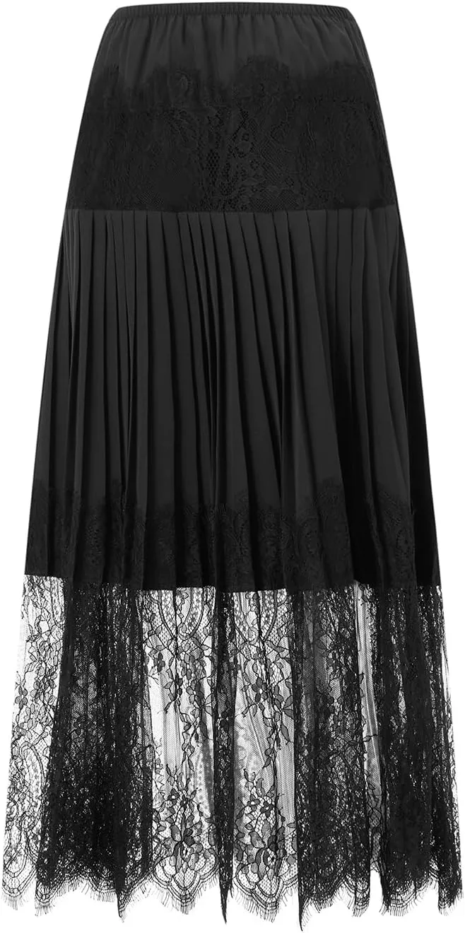 SOLILOQUY Women Y2k Lace Midi Skirts Fairy Lace Half Slip Skirt Pleated Ruffle Floral Lace Tiered Maxi Long Skirt Underskirt