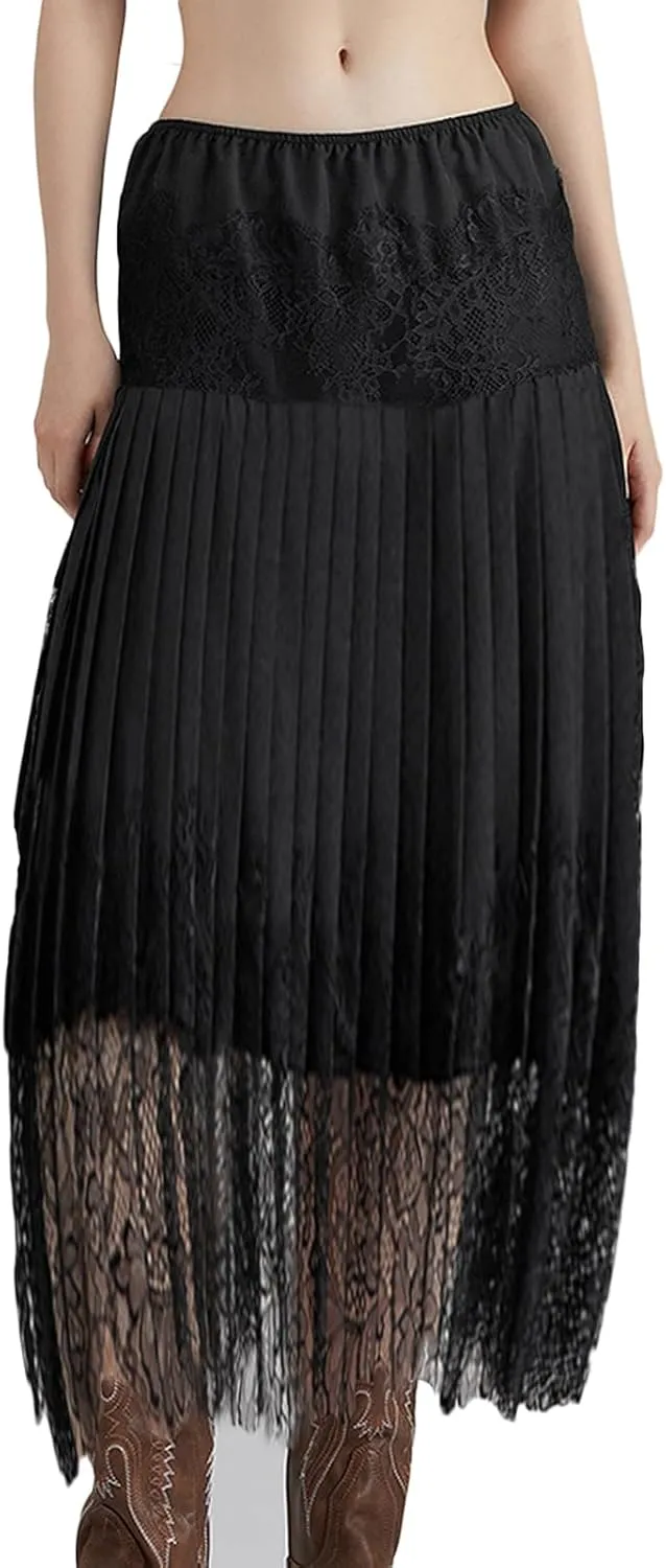 SOLILOQUY Women Y2k Lace Midi Skirts Fairy Lace Half Slip Skirt Pleated Ruffle Floral Lace Tiered Maxi Long Skirt Underskirt