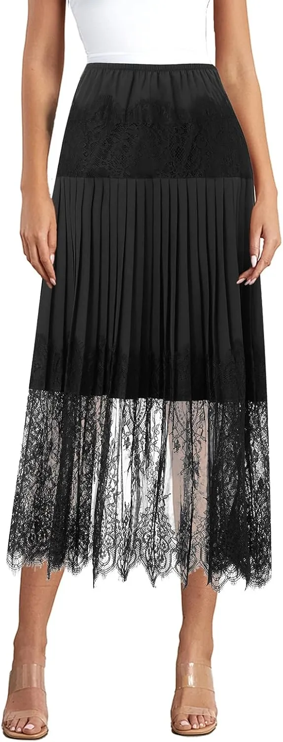 SOLILOQUY Women Y2k Lace Midi Skirts Fairy Lace Half Slip Skirt Pleated Ruffle Floral Lace Tiered Maxi Long Skirt Underskirt