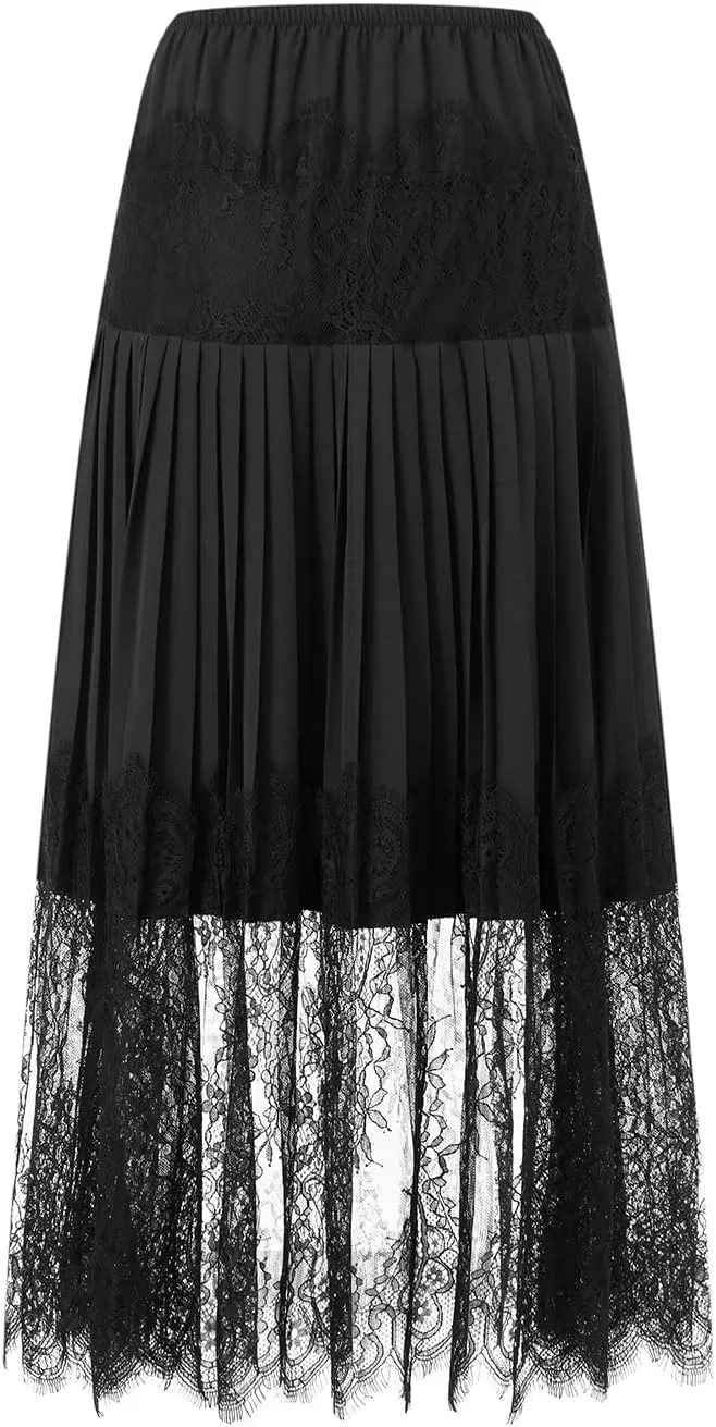 SOLILOQUY Women Y2k Lace Midi Skirts Fairy Lace Half Slip Skirt Pleated Ruffle Floral Lace Tiered Maxi Long Skirt Underskirt