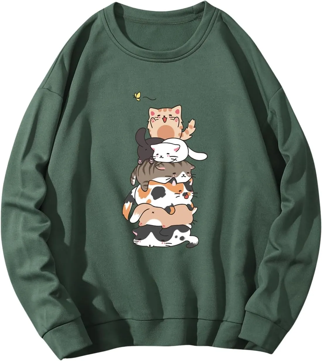 SOLY HUX Women's Cartoon Graphic Sweatshirt Cat Print Round Neck Long Sleeve Pullover Top
