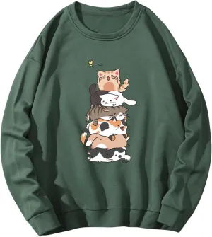 SOLY HUX Women's Cartoon Graphic Sweatshirt Cat Print Round Neck Long Sleeve Pullover Top