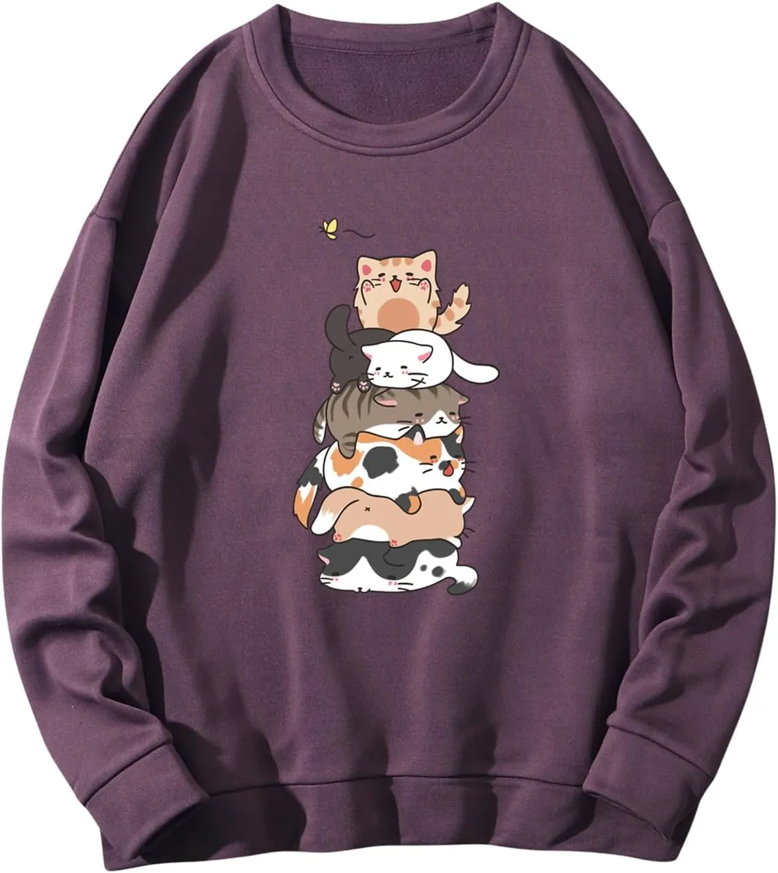 SOLY HUX Women's Cartoon Graphic Sweatshirt Cat Print Round Neck Long Sleeve Pullover Top