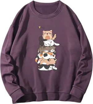 SOLY HUX Women's Cartoon Graphic Sweatshirt Cat Print Round Neck Long Sleeve Pullover Top