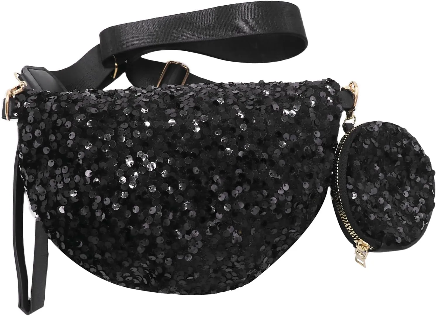 Sparkly Sequin Fanny Packs Glitter Waist Bag Adjustable Chest Belt Bags with Coin Purse for Women Girls,Black 5#