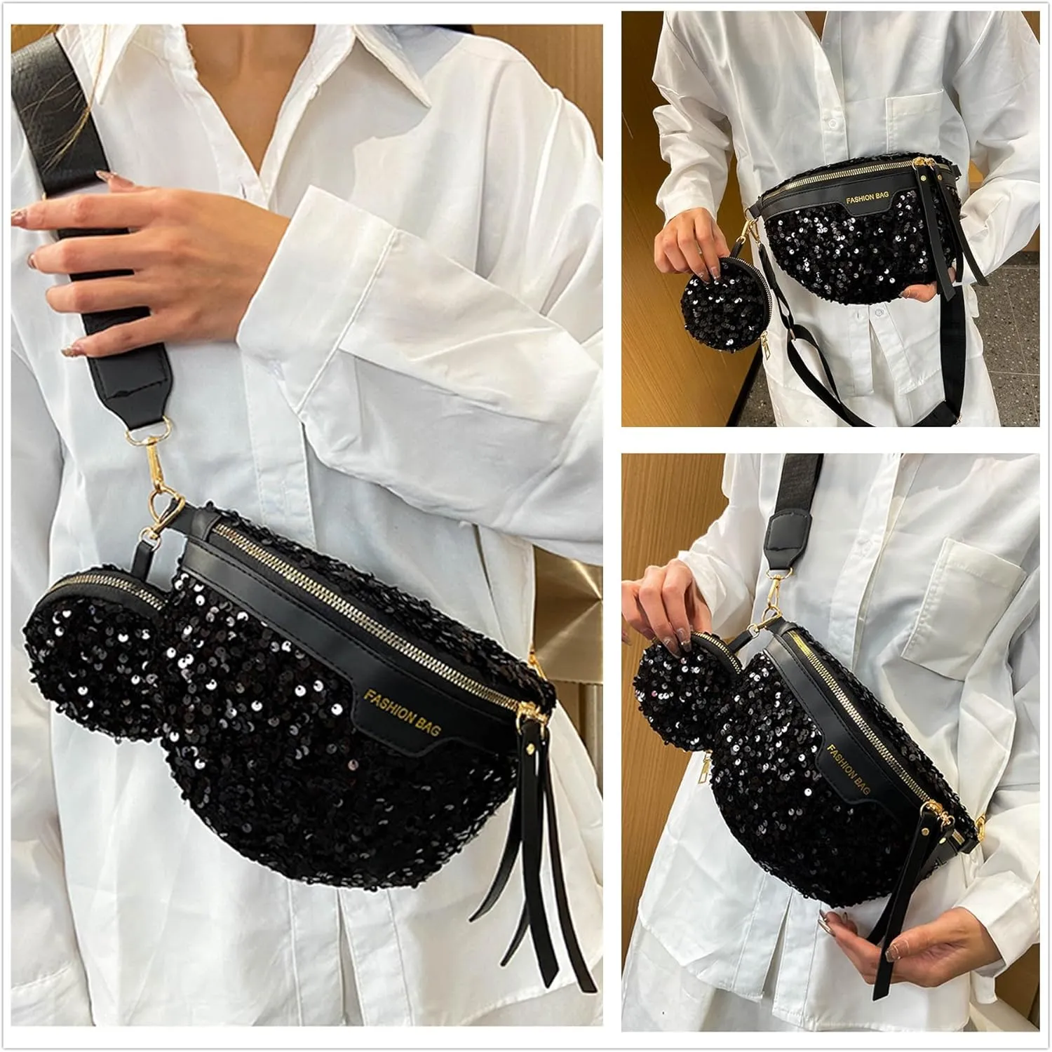 Sparkly Sequin Fanny Packs Glitter Waist Bag Adjustable Chest Belt Bags with Coin Purse for Women Girls,Black 5#