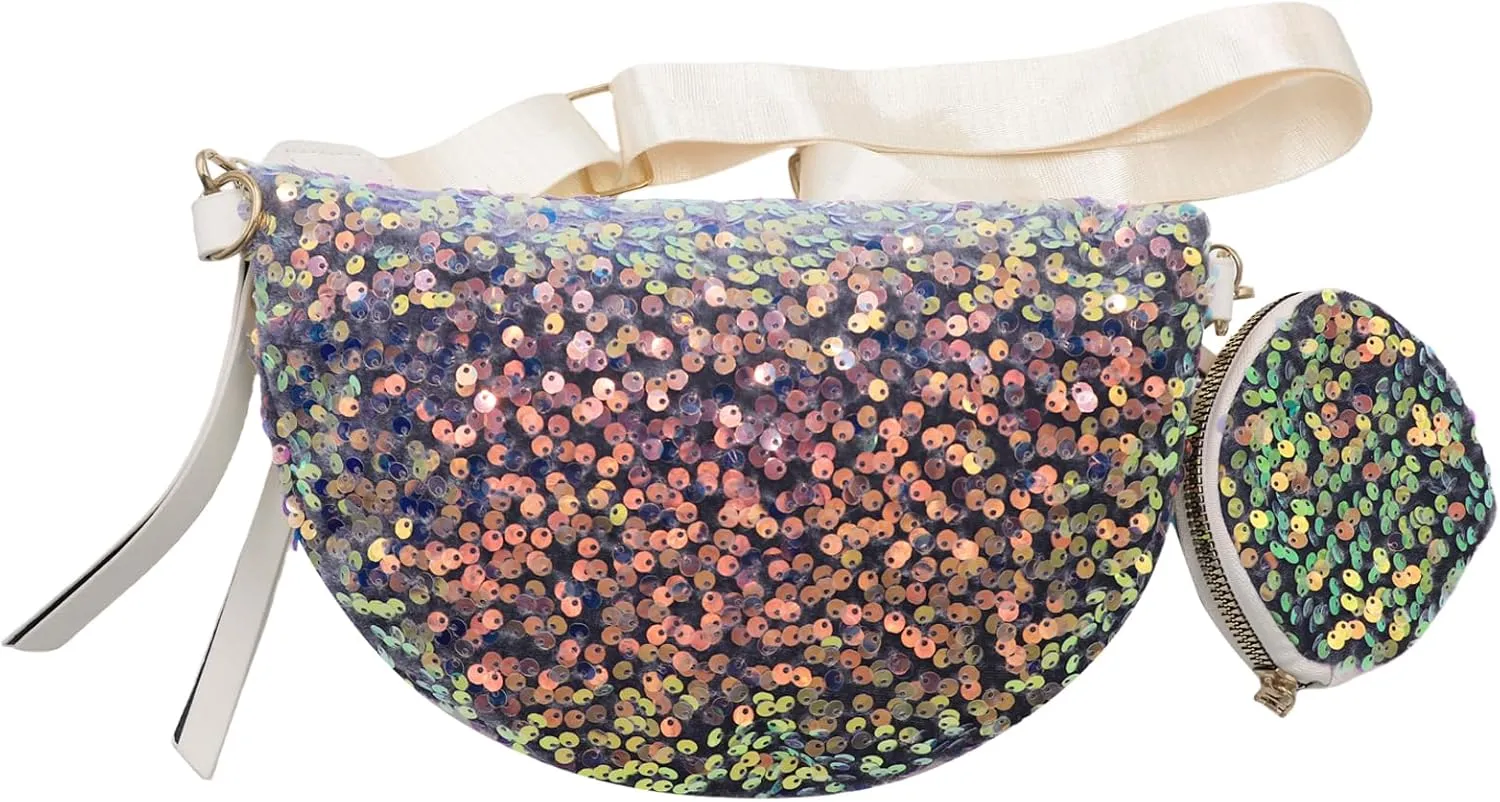 Sparkly Sequin Fanny Packs Glitter Waist Bag Adjustable Chest Belt Bags with Coin Purse for Women Girls,White C#