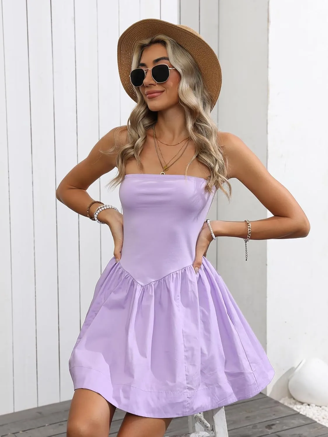 Strapless Mini Dresses for Women Summer Backless Sleeveless Solid Flowy A Line Patchwork Beach Tube Top Dress