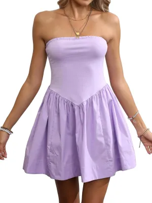 Strapless Mini Dresses for Women Summer Backless Sleeveless Solid Flowy A Line Patchwork Beach Tube Top Dress