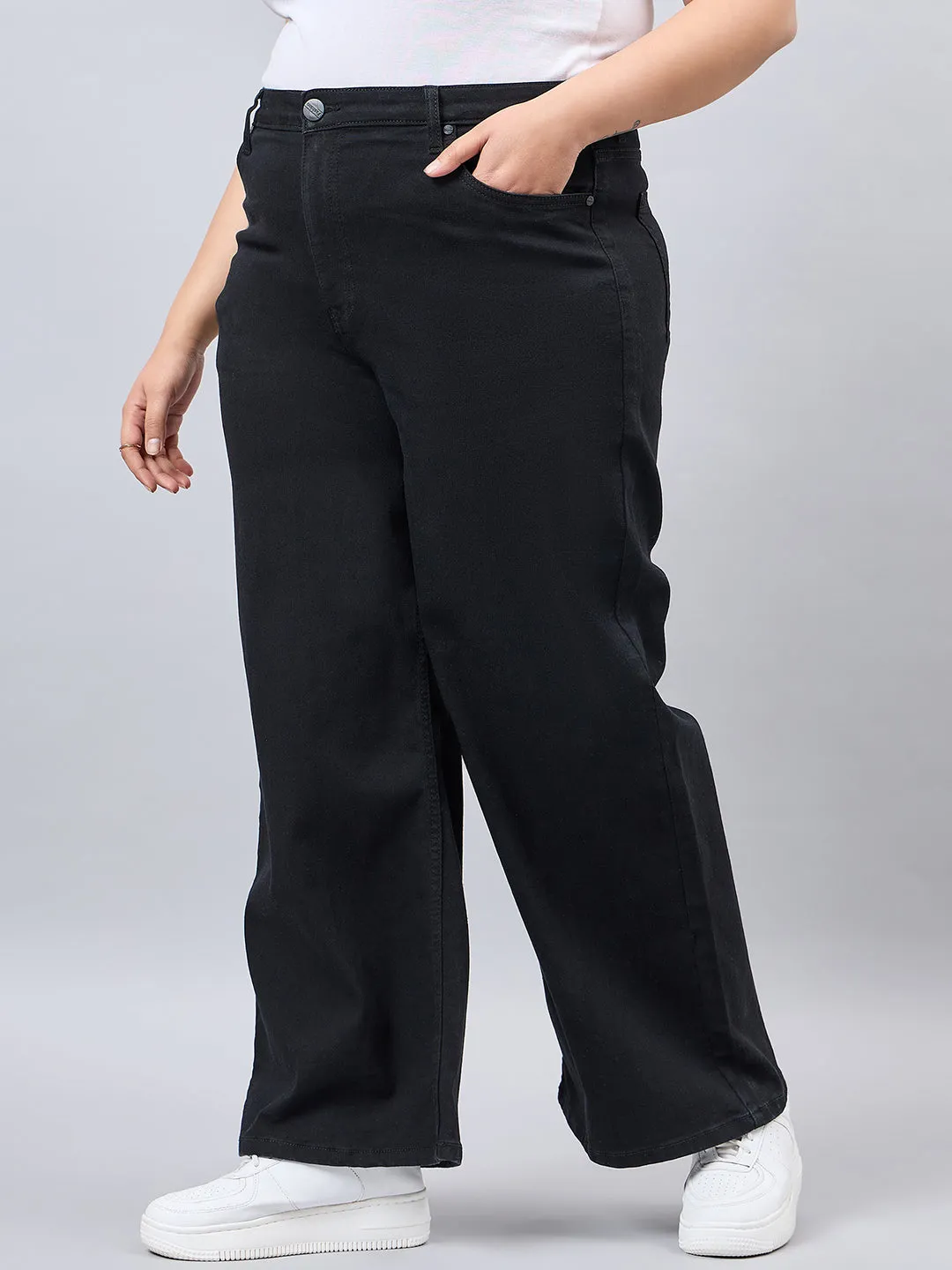 Style Quotient Women Plus Size Black Wide Leg High Rise Stretchable Jeans