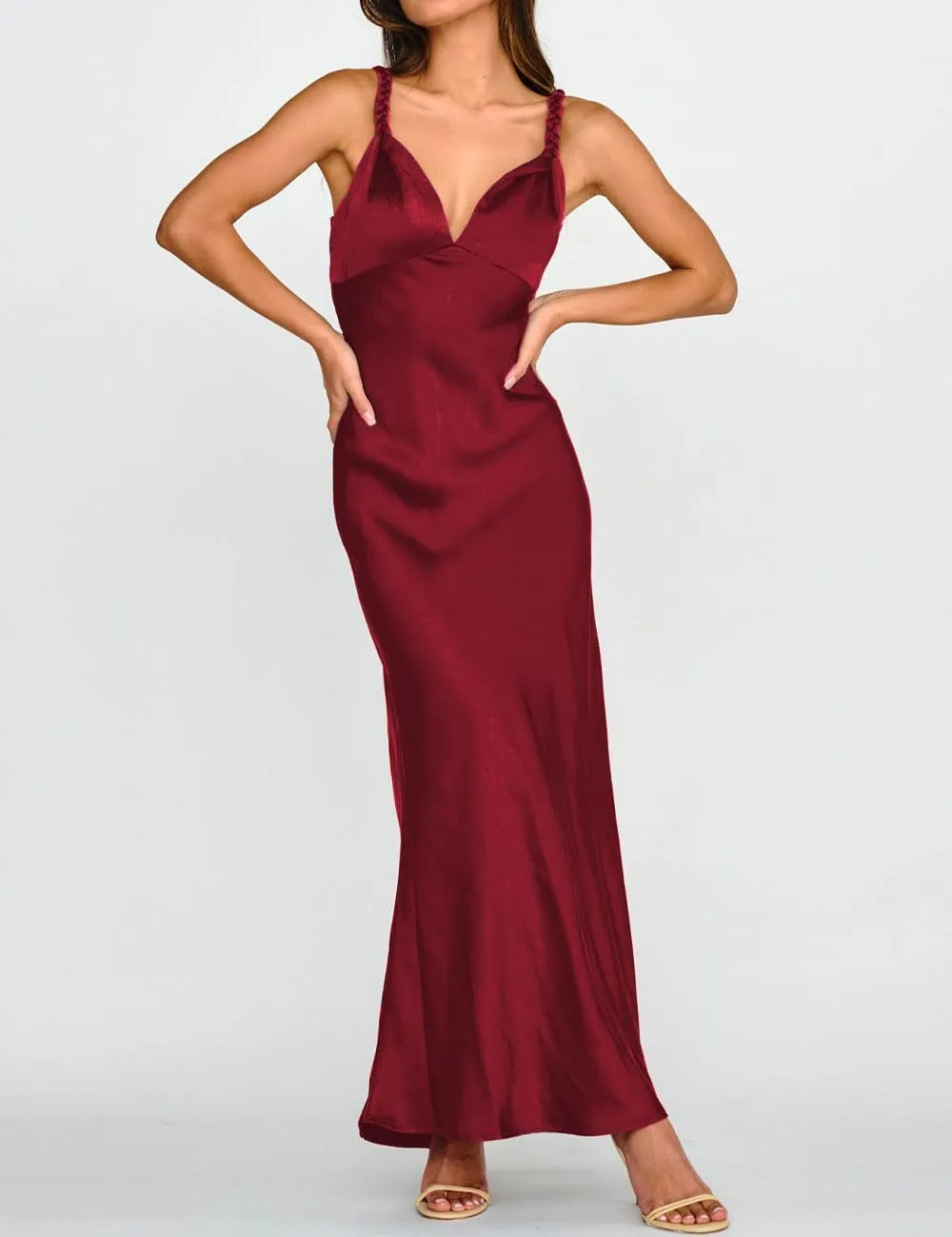 Summer Satin Braided Spaghetti Strap V Neck Maxi Dress for Women Elegant Silk Sleeveless Backless Midi Prom Dress