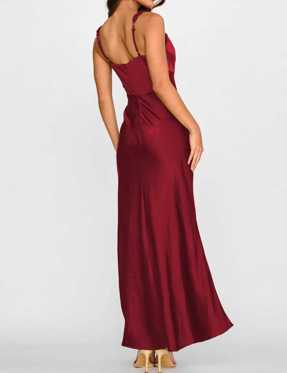 Summer Satin Braided Spaghetti Strap V Neck Maxi Dress for Women Elegant Silk Sleeveless Backless Midi Prom Dress