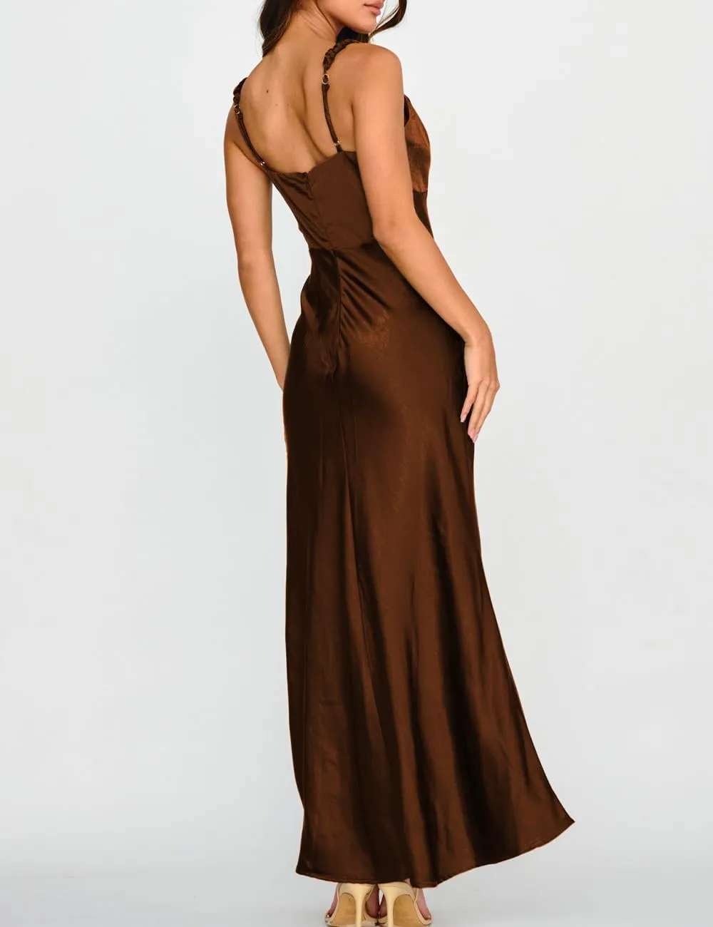 Summer Satin Braided Spaghetti Strap V Neck Maxi Dress for Women Elegant Silk Sleeveless Backless Midi Prom Dress