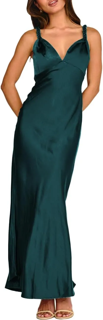 Summer Satin Braided Spaghetti Strap V Neck Maxi Dress for Women Elegant Silk Sleeveless Backless Midi Prom Dress