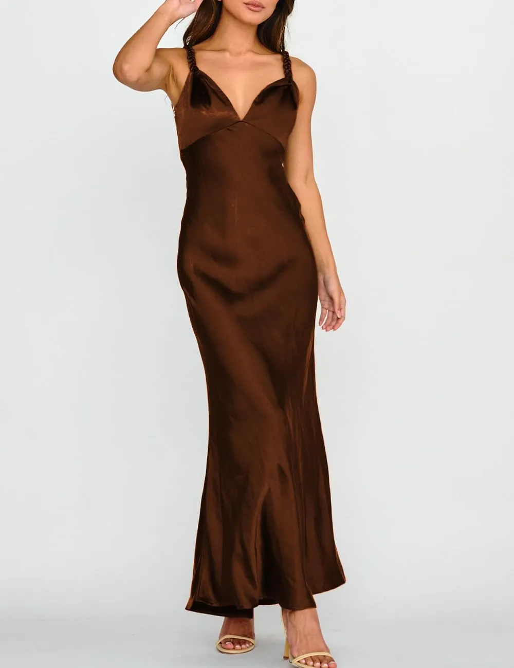 Summer Satin Braided Spaghetti Strap V Neck Maxi Dress for Women Elegant Silk Sleeveless Backless Midi Prom Dress