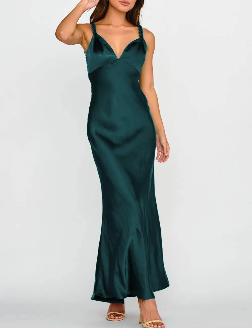 Summer Satin Braided Spaghetti Strap V Neck Maxi Dress for Women Elegant Silk Sleeveless Backless Midi Prom Dress