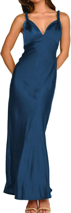 Summer Satin Braided Spaghetti Strap V Neck Maxi Dress for Women Elegant Silk Sleeveless Backless Midi Prom Dress