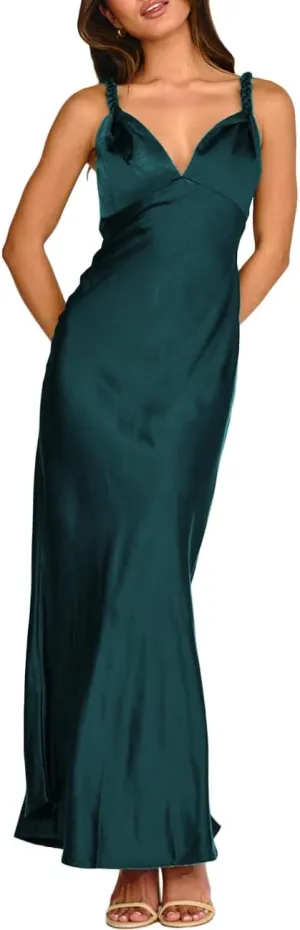 Summer Satin Braided Spaghetti Strap V Neck Maxi Dress for Women Elegant Silk Sleeveless Backless Midi Prom Dress