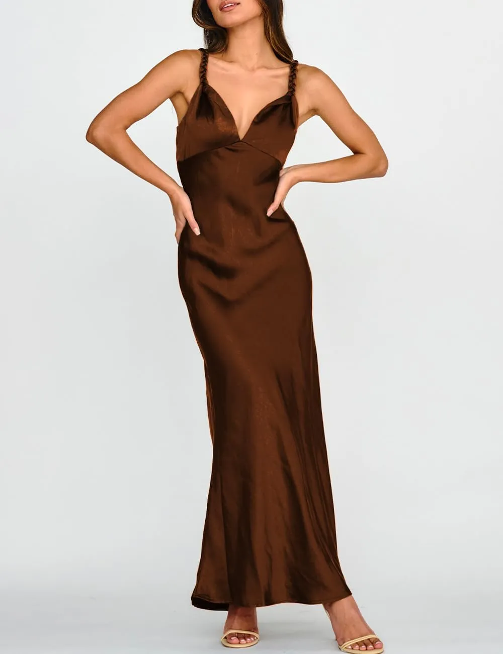 Summer Satin Braided Spaghetti Strap V Neck Maxi Dress for Women Elegant Silk Sleeveless Backless Midi Prom Dress