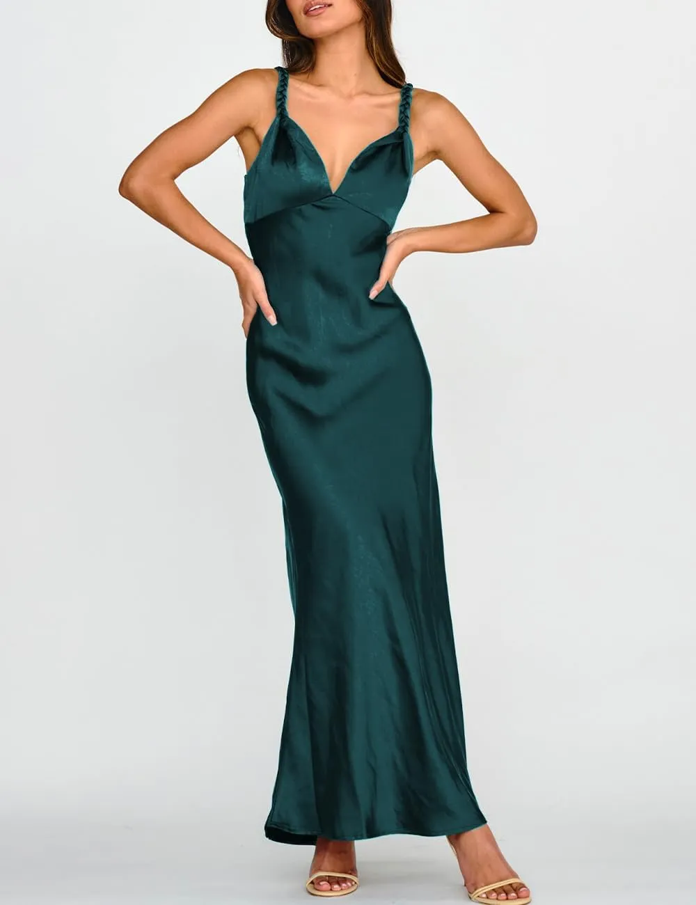 Summer Satin Braided Spaghetti Strap V Neck Maxi Dress for Women Elegant Silk Sleeveless Backless Midi Prom Dress