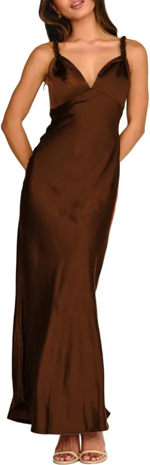 Summer Satin Braided Spaghetti Strap V Neck Maxi Dress for Women Elegant Silk Sleeveless Backless Midi Prom Dress