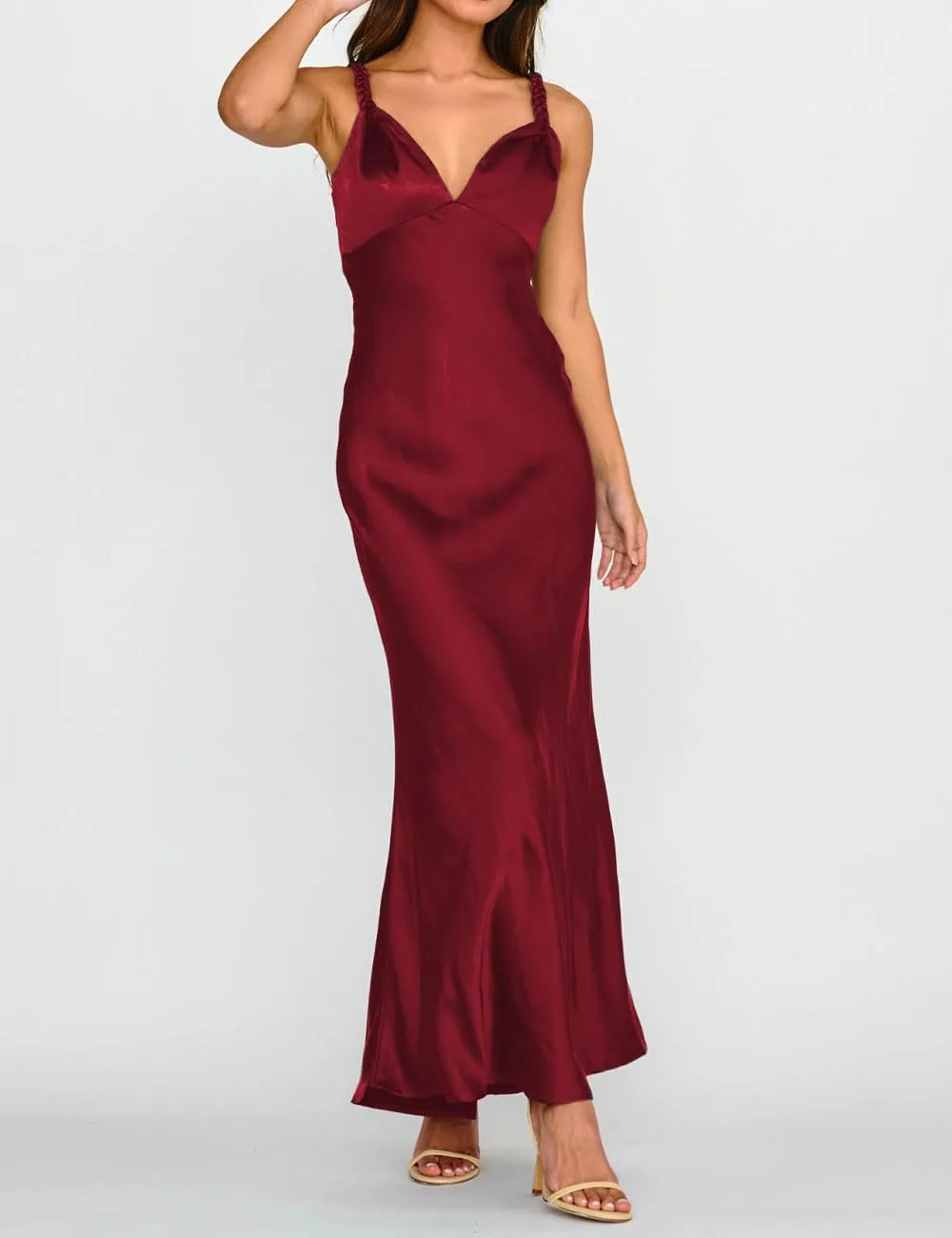 Summer Satin Braided Spaghetti Strap V Neck Maxi Dress for Women Elegant Silk Sleeveless Backless Midi Prom Dress