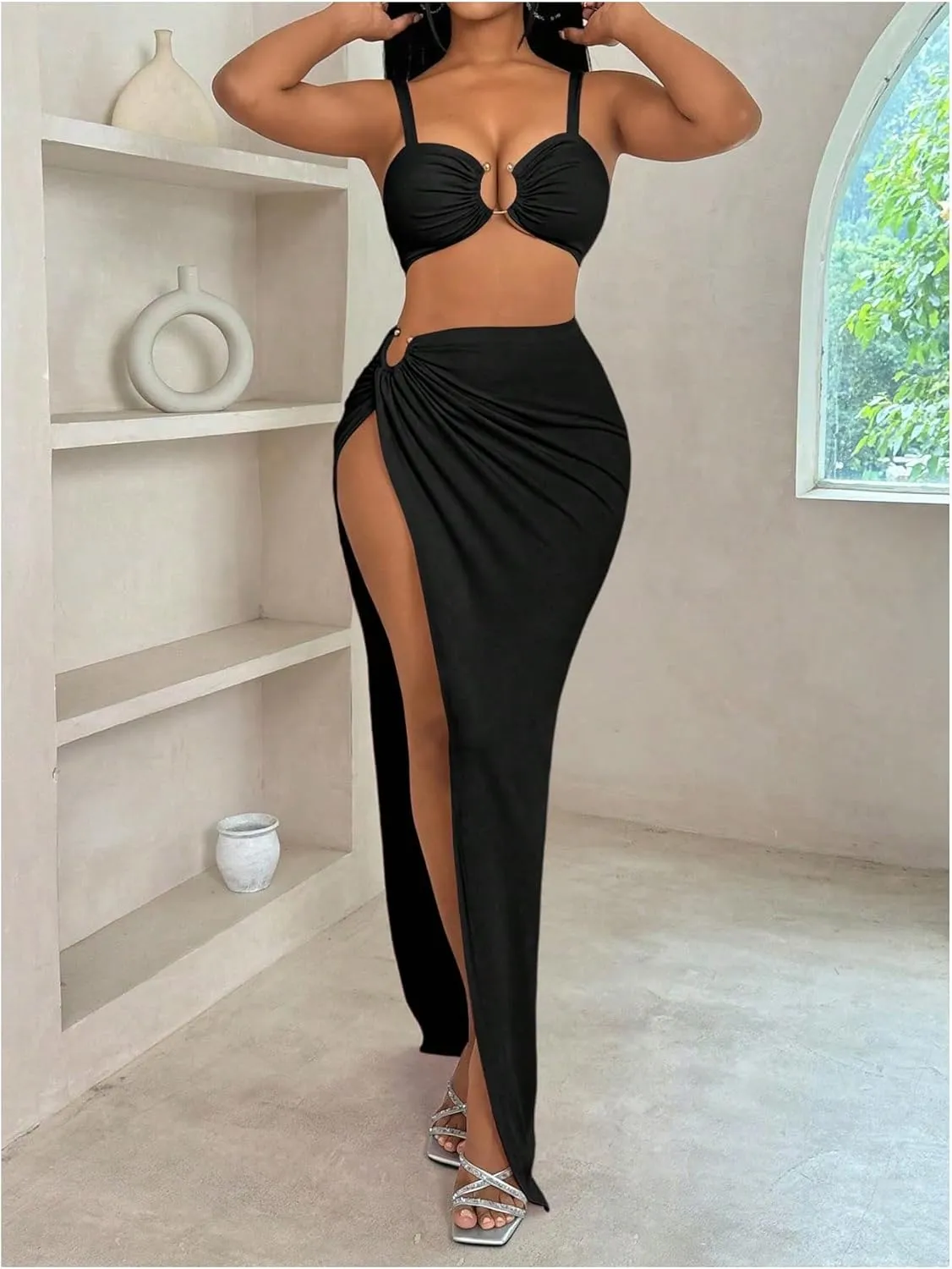 SweatyRocks Women's Camisole Crop Top and High Split Maxi Skirt Set 2 Piece Summer Outfits