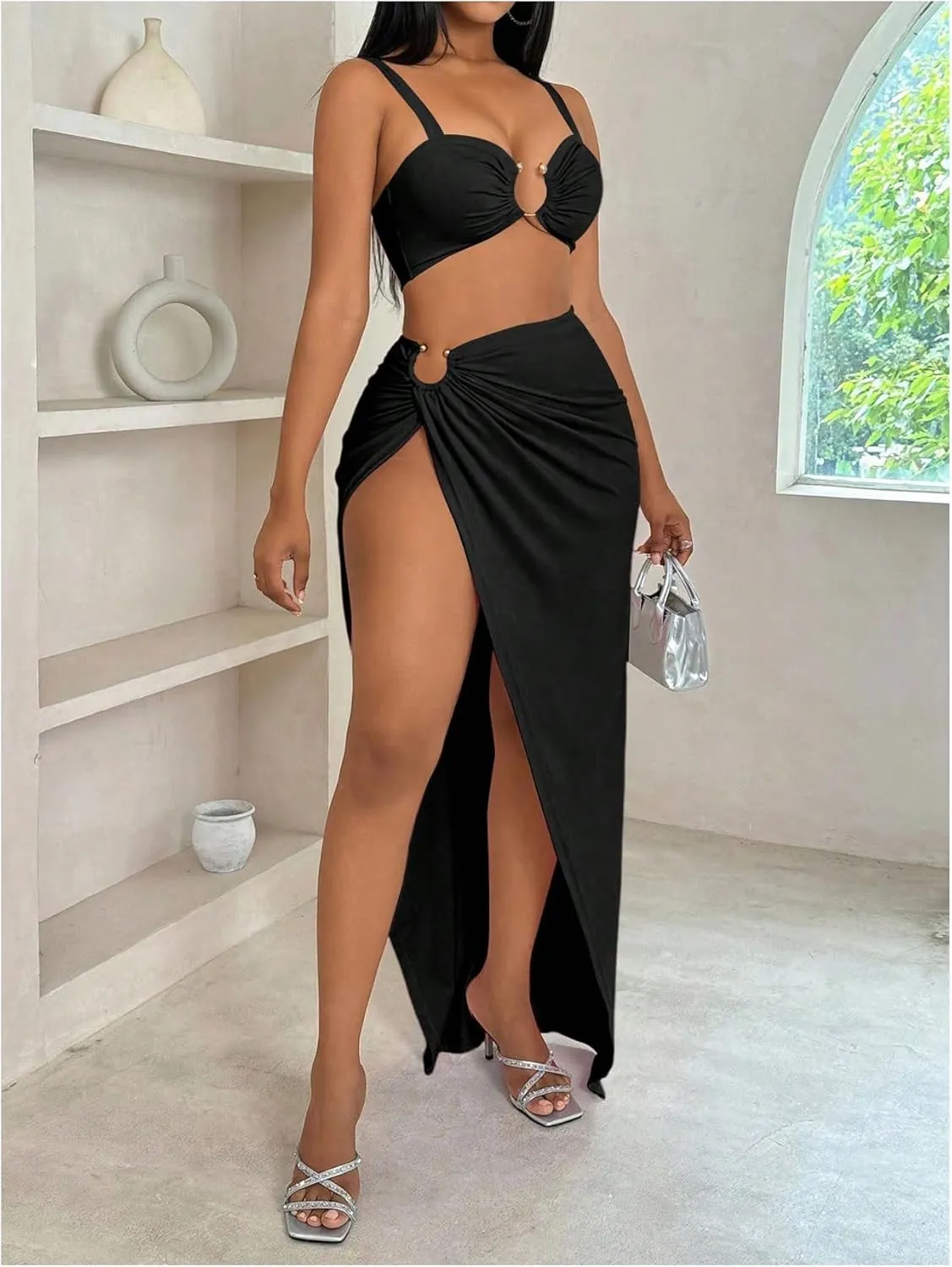 SweatyRocks Women's Camisole Crop Top and High Split Maxi Skirt Set 2 Piece Summer Outfits