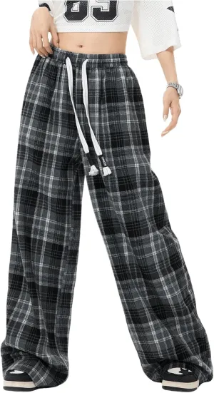 SweatyRocks Women's Casual Drawstring Waist Wide Leg Plaid Pants Long Trousers Baggy Sweatpants