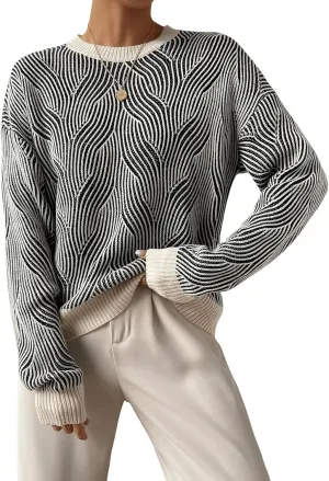 SweatyRocks Women's Casual Long Sleeve Round Neck Top Drop Shoulder Pattern Cable Knit Pullover Sweater