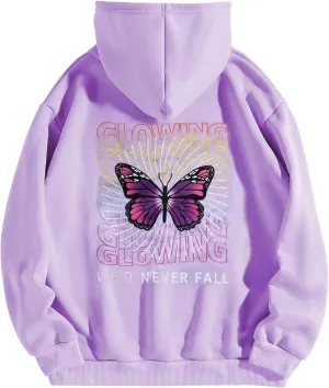 SweatyRocks Women's Graphic Long Sleeve Thermal Hoodie Kangaroo Pocket Drawstring Sweatshirt Mauve Purple M