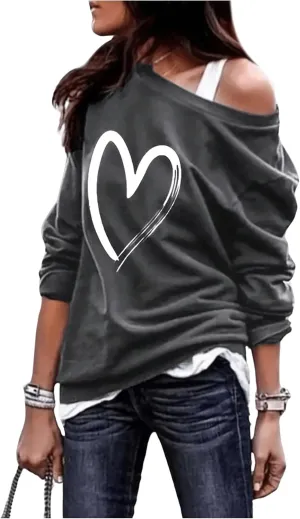SweatyRocks Women's Sweatshirt Graphic Print Asymmetrical Neck Long Sleeve Loose Pullover Tops