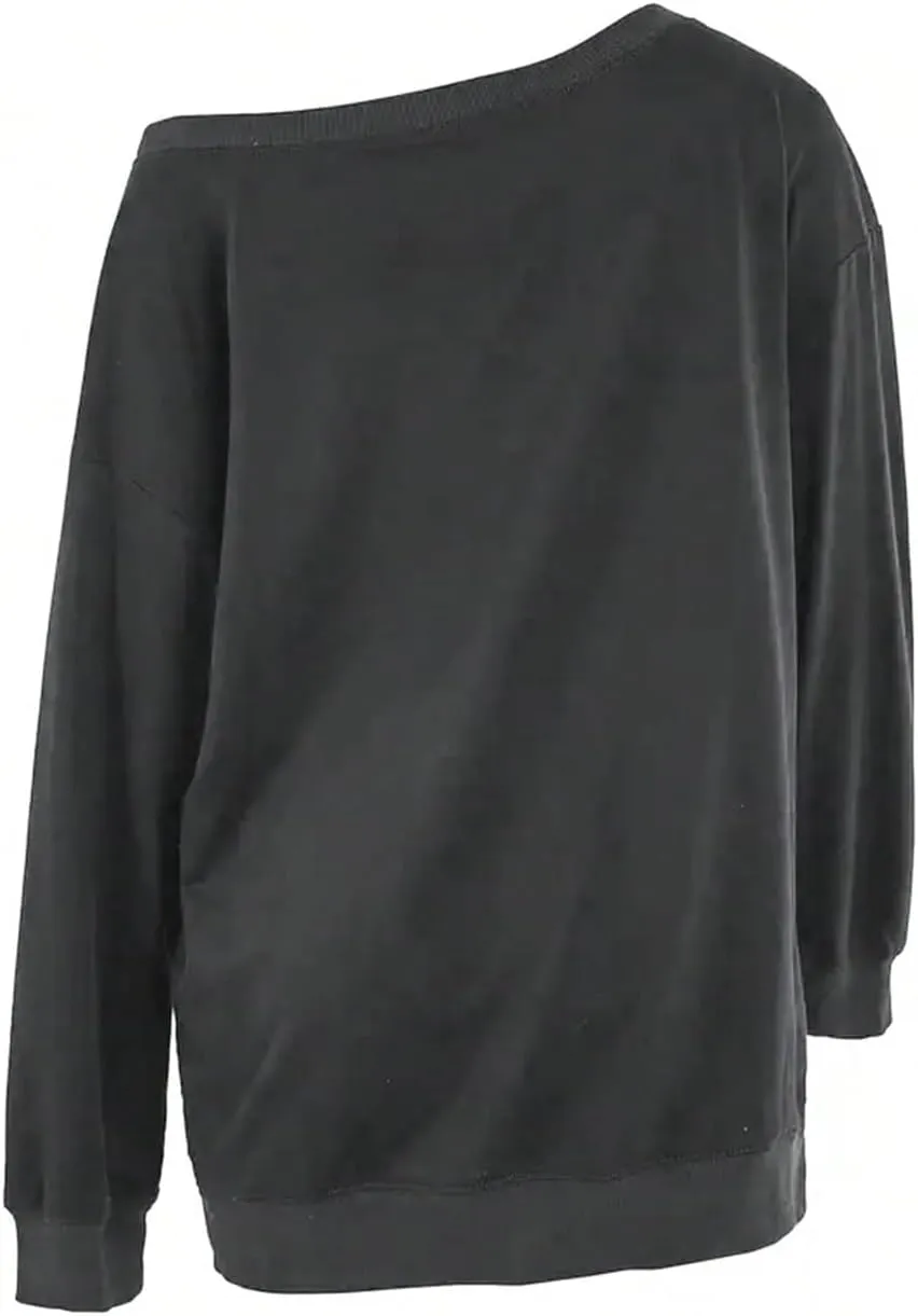 SweatyRocks Women's Sweatshirt Graphic Print Asymmetrical Neck Long Sleeve Loose Pullover Tops