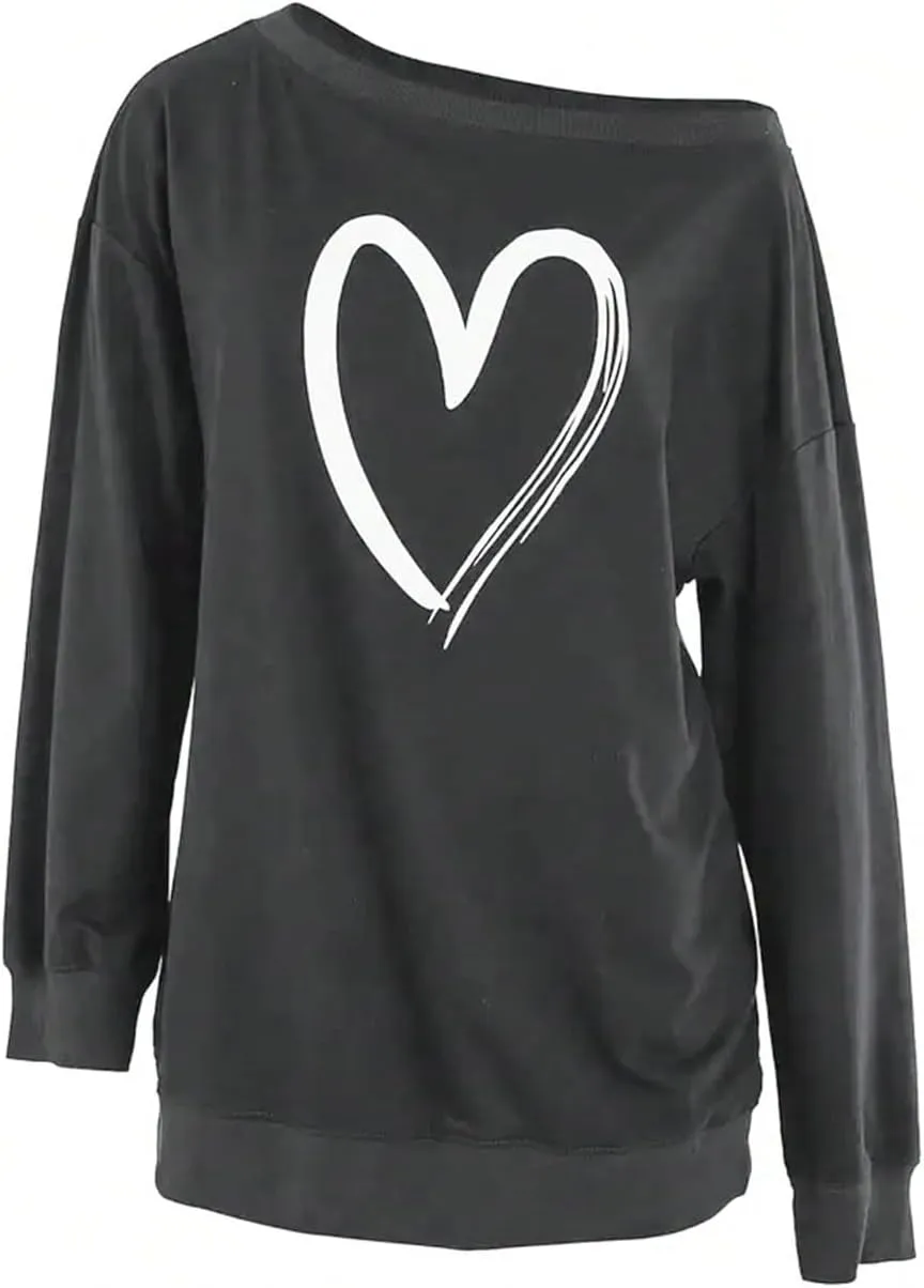 SweatyRocks Women's Sweatshirt Graphic Print Asymmetrical Neck Long Sleeve Loose Pullover Tops