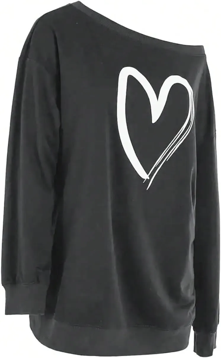 SweatyRocks Women's Sweatshirt Graphic Print Asymmetrical Neck Long Sleeve Loose Pullover Tops